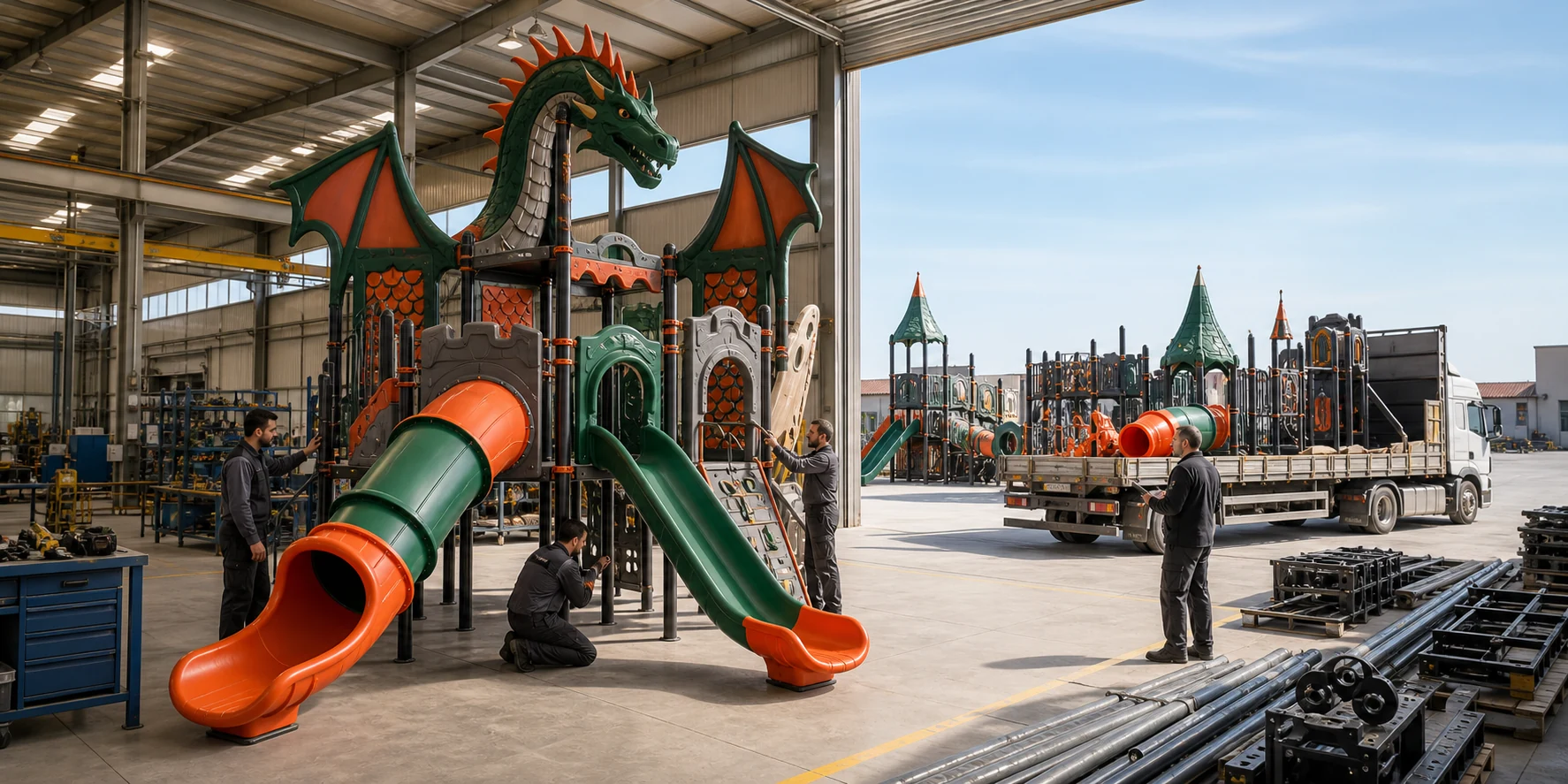 Dragon-inspired playground undergoing final inspection in a Konya factory