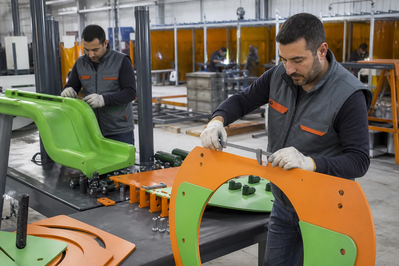 Technicians measuring colourful playground panels in a Konya factory