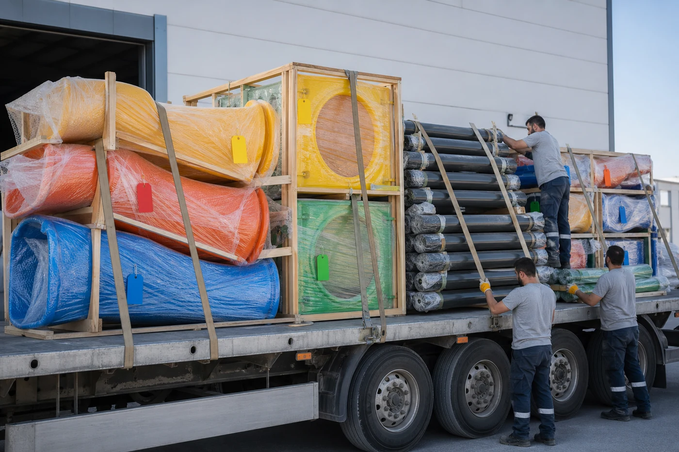 Playground components securely packed on a delivery truck